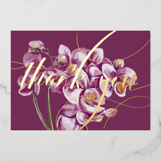 Paarse Orchidee Waterverf Elegante Bloemige Dankje Folie Feestdagenkaart (Voorkant)