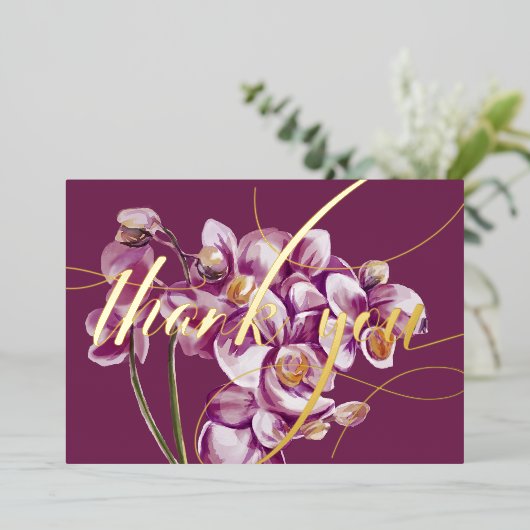 Paarse Orchidee Waterverf Elegante Bloemige Dankje Folie Feestdagenkaart (Staand Voorkant)