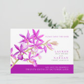 Paarse orchidee waterverf foto bruiloft save the date (Staand voorkant)