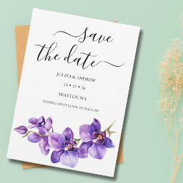 Paarse orchidee wit script unieke bruiloft save the date
