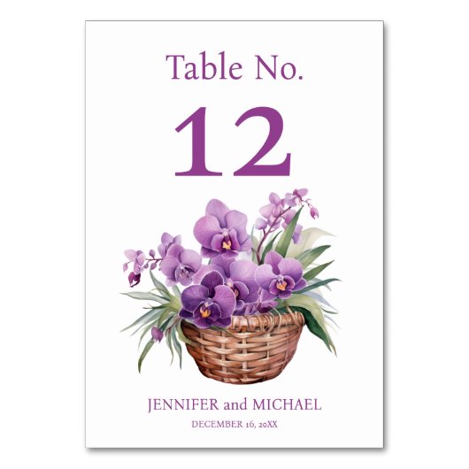 Paarse Orchideeën Aquarel Trouwtafel Nummer Kaart (Voorkant)