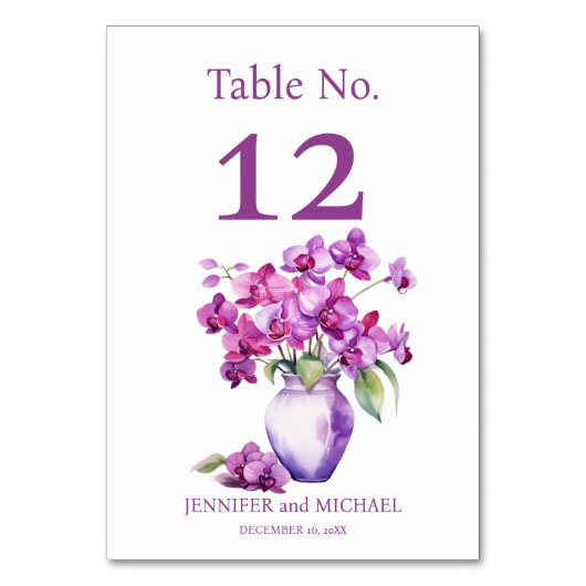 Paarse Orchideeën Aquarel Trouwtafel Nummer Kaart (Voorkant)