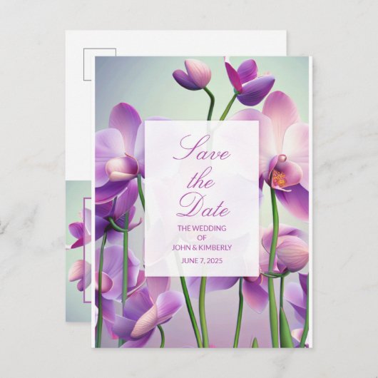 Paarse Orchideeën Bloemen Bruiloft Datum Bewaren P Aankondigingskaart (Voorkant / Achterkant)