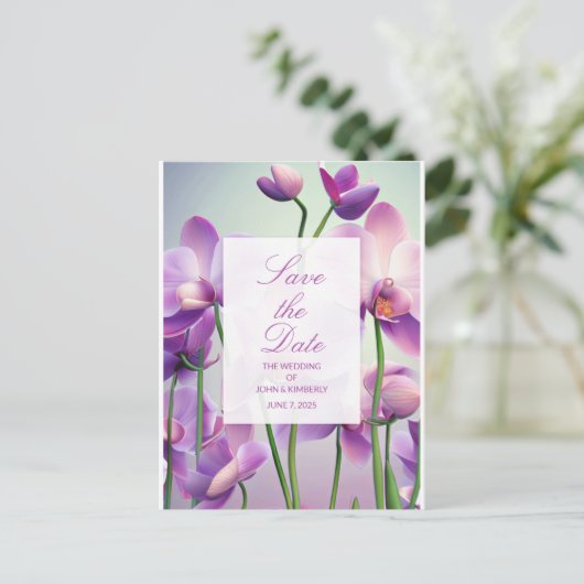 Paarse Orchideeën Bloemen Bruiloft Datum Bewaren P Aankondigingskaart (Staand voorkant)