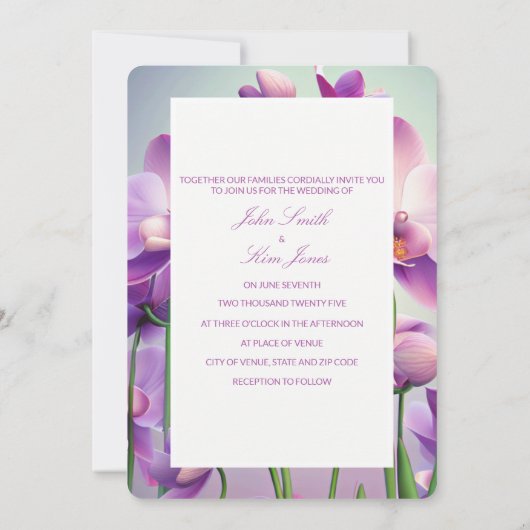 Paarse Orchideeën Bloemen Huwelijksuitnodigingen Kaart (Achterkant)