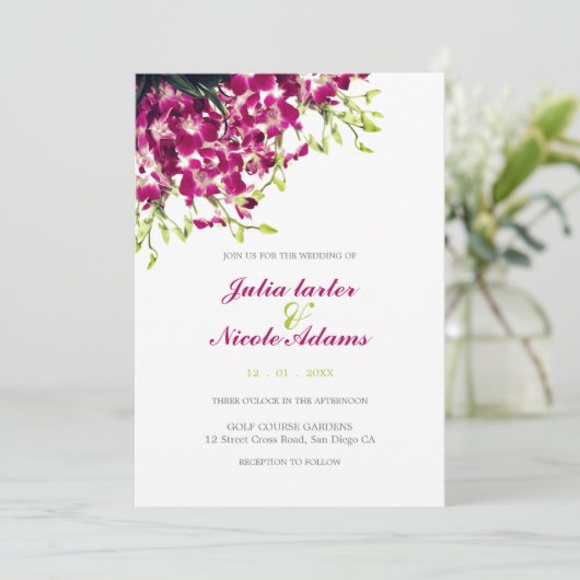 Paarse orchideeën bloemenbotanische tak bruiloft kaart (Staand voorkant)