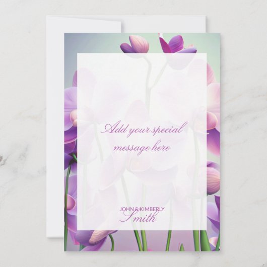 Paarse orchideeën bloemenbruiloft bedankkaart (Achterkant)