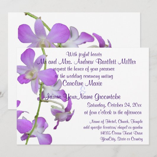 Paarse orchideeën bruiloft kaart (Voorkant / Achterkant)
