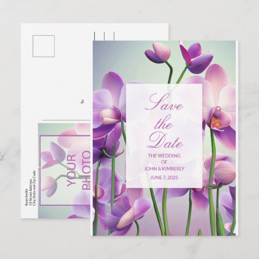 Paarse Orchideeën Floral Wedding Save Date Briefka Aankondigingskaart (Voorkant / Achterkant)