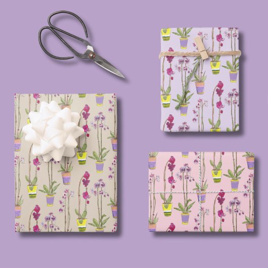 Paarse Orchideeën Handgeschetste Inpakpapier Set Vel