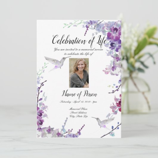 Paarse Orchideeën Hummingbird-uitnodiging Kaart (Staand voorkant)