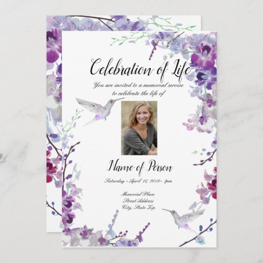 Paarse Orchideeën Hummingbird-uitnodiging Kaart (Voorkant / Achterkant)