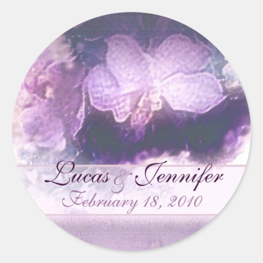 paarse orchideeën in linnen bewaar de datum ronde sticker (Voorkant)