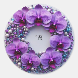 Paarse Orchideeën Krans Decoratie Met Parels Ronde Sticker