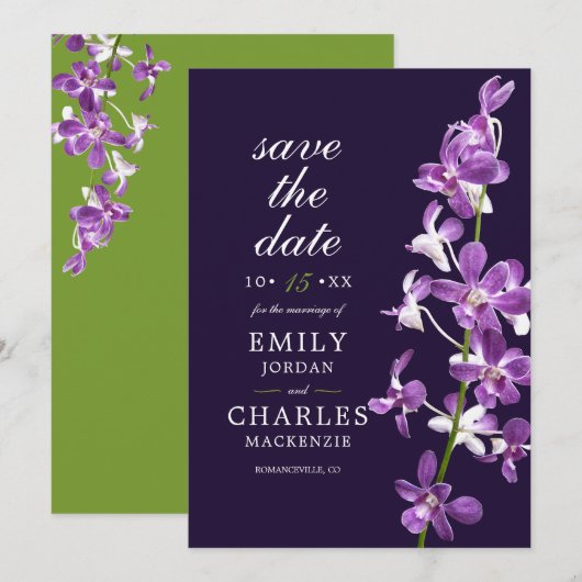 Paarse Orchideeën, Moderne Elegante Bruiloft Save The Date (Voorkant / Achterkant)