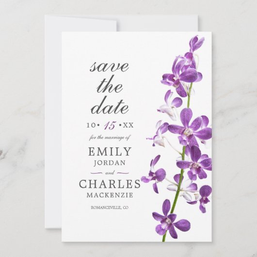 Paarse Orchideeën, Moderne Elegante Bruiloft Save The Date (Voorkant)