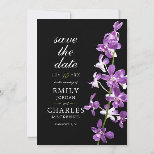 Paarse Orchideeën, Moderne Elegante Bruiloft Save The Date (Voorkant)