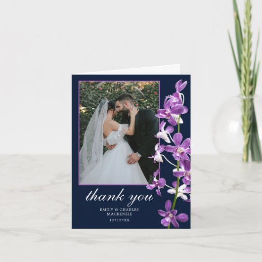 Paarse orchideeën, moderne legante bruiloft bedankkaart (Voorkant)