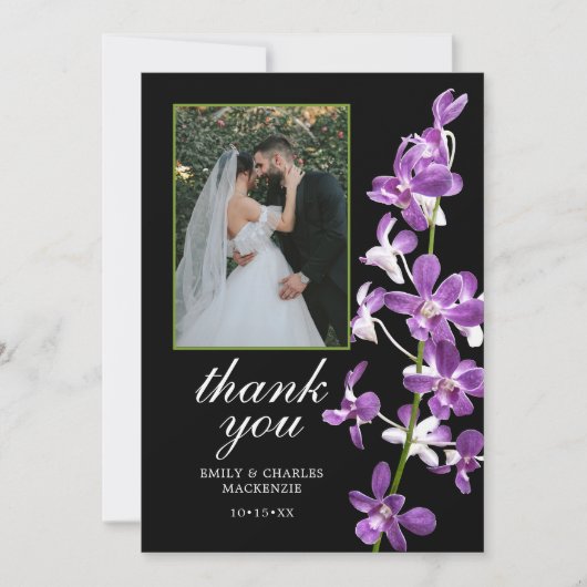 Paarse orchideeën, moderne legante bruiloft bedankkaart (Voorkant)