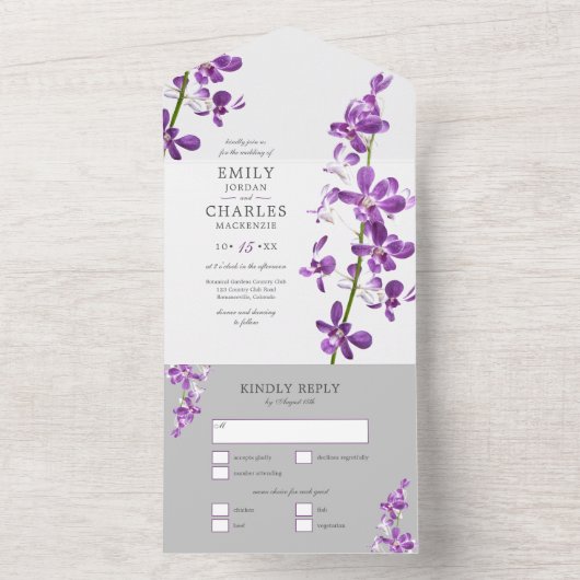 Paarse orchideeën, moderne legante bruiloft in één all in one uitnodiging (Binnen)