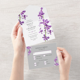 Paarse orchideeën, moderne legante bruiloft in één all in one uitnodiging