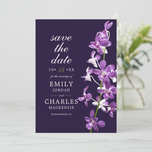 Paarse orchideeën, moderne legante bruiloft save the date (Staand voorkant)