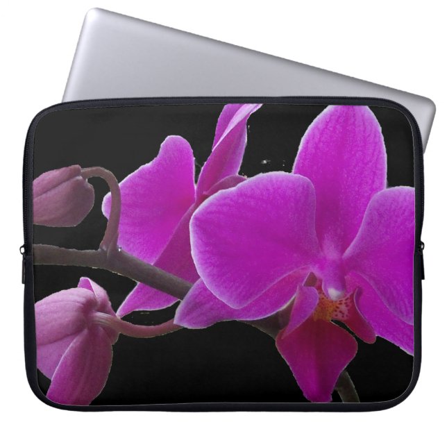 Paarse orchideeën op zwarte laptophoes laptop sleeve (Voorkant)