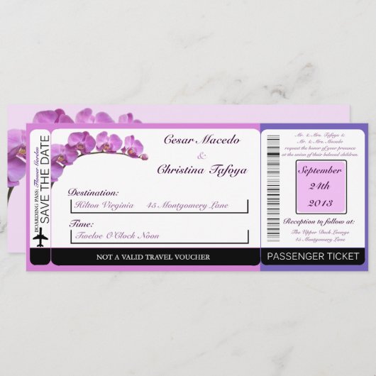 Paarse orchideeën over het uitnodigen van een brui kaart (Voorkant / Achterkant)