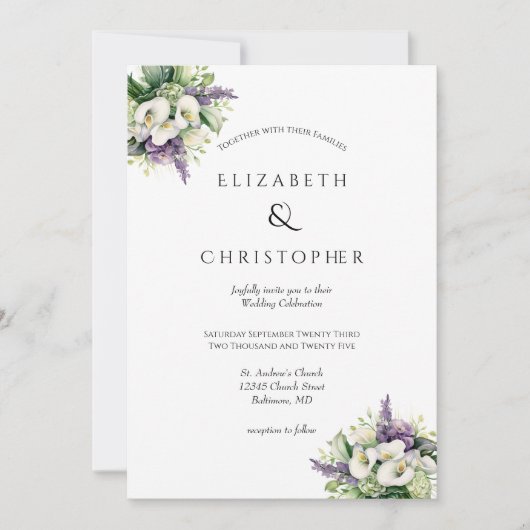 Paarse orchideeën witte Calla lelies bloemenbruilo Kaart (Voorkant)