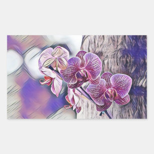 Paarse orchideeënbloem op een houten houtschilderi rechthoekige sticker