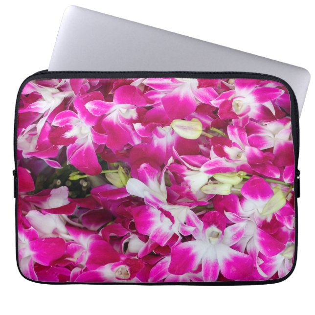 Paarse orchideeënbloemen achtergrond laptop sleeve (Voorkant)