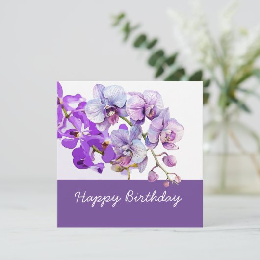 Paarse orchideeënbloemen op verjaardag kaart (Staand voorkant)