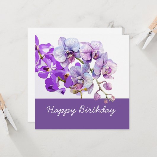 Paarse orchideeënbloemen op verjaardag kaart (Voorkant / Achterkant in situ)