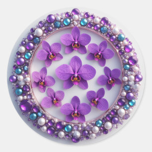 Paarse Orchideeënkrans Decoratie Met Parels Ronde Sticker