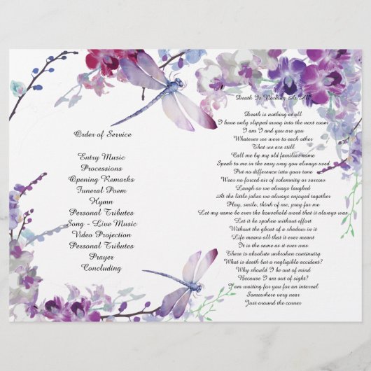 Paarse Orchids Hummingbird Funeral Programme Flyer (Achterkant)