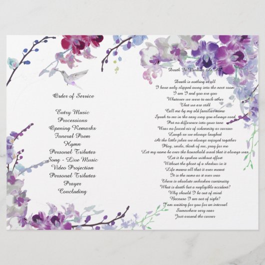 Paarse Orchids Hummingbird Funeral Programme Flyer (Achterkant)