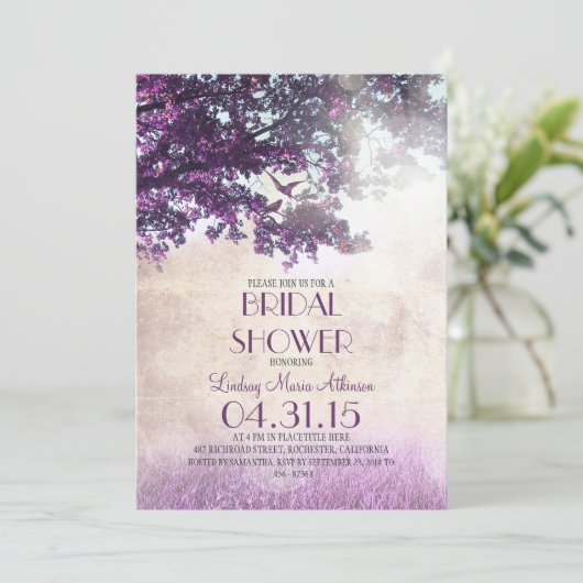 Paarse oude eik en liefde vogels vrijgezellenfeest kaart (Staand voorkant)