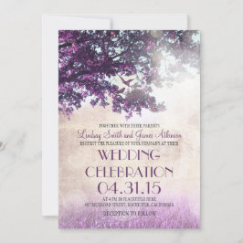 Paarse oude eikenboom & love birds bruiloft uitnod kaart
