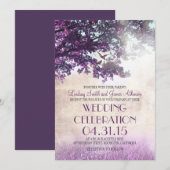 Paarse oude eikenboom & love birds bruiloft uitnod kaart (Voorkant / Achterkant)