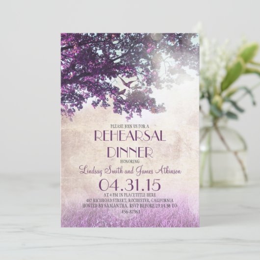 Paarse oude eikenboom & love birds repetitie diner kaart (Staand voorkant)