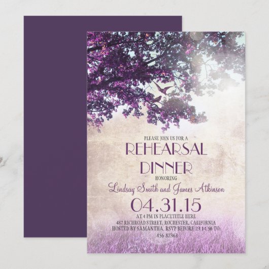 Paarse oude eikenboom & love birds repetitie diner kaart (Voorkant / Achterkant)