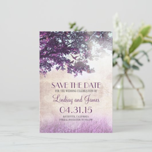 Paarse oude eikenboom romantisch Bewaar de datumka Save The Date (Staand voorkant)