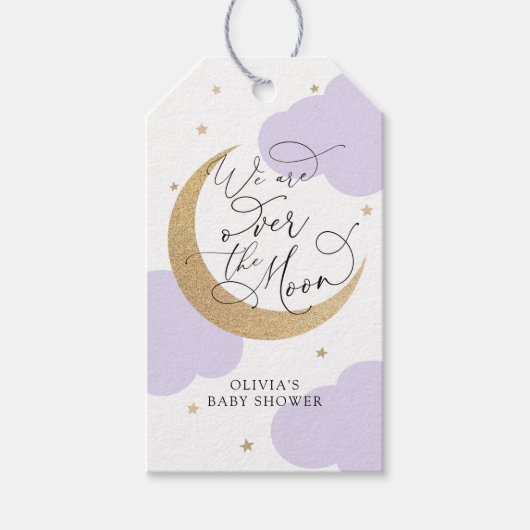 Paarse Over de Maan Baby Shower Cadeaulabel (Voorkant)