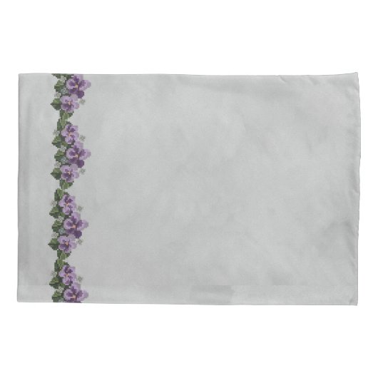 Paarse overschrijvingen op grijs kussensloop (Achterkant-Links)