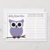 Paarse Owl Baby Naam Race Baby shower Game Kaart (Voorkant)