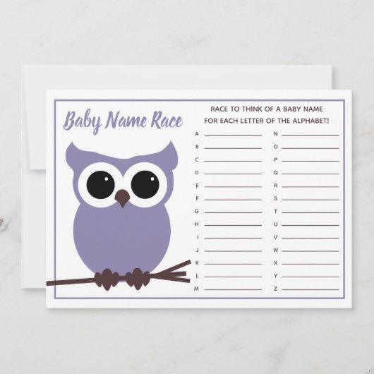 Paarse Owl Baby Naam Race Baby shower Game Kaart (Voorkant)
