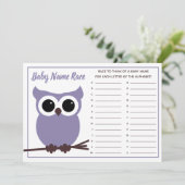 Paarse Owl Baby Naam Race Baby shower Game Kaart (Staand voorkant)