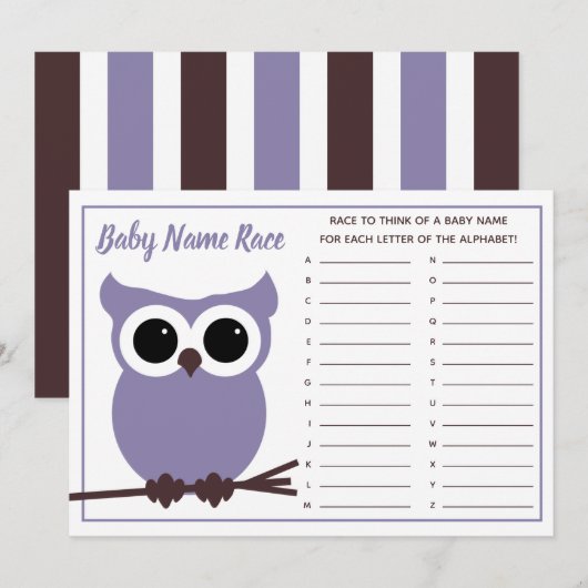 Paarse Owl Baby Naam Race Baby shower Game Kaart (Voorkant / Achterkant)