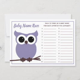 Paarse Owl Baby Naam Race Baby shower Game Kaart
