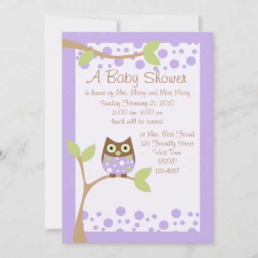 Paarse Owl Baby shower Kaart (Voorkant)